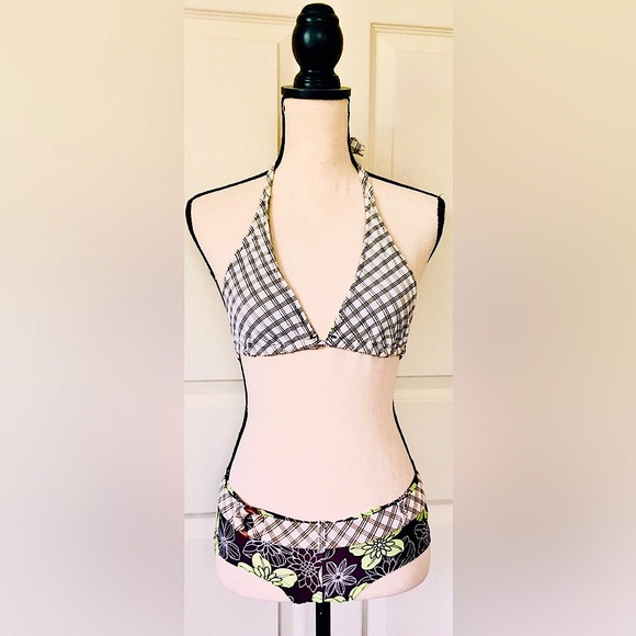 Green Floral & Brown Reversible Swimsuit Bikini: Plaid Pattern, Cheeky Bottoms - Picture 2 of 4